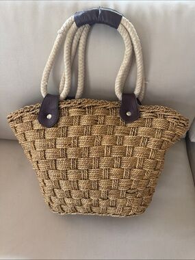 Woven Straw Tote Bag with Rope Handles - Tan